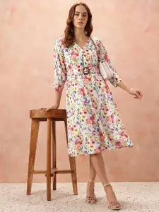 all about you Floral Print Wrap-Style Dress With Belt