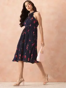 all about you Floral Print Halter Neck Accordion Pleats Fit & Flare Midi Dress
