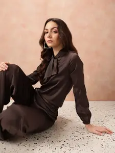 all about you Tie-Up Neck Satin-Finish Top with Wide Leg Trousers