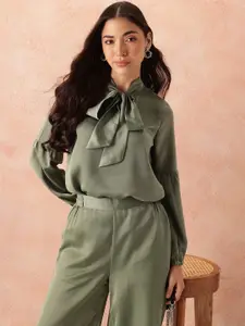 all about you Front Tie-Up Satin Top with Flared Trousers