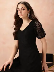 all about you V-Neck Puff Sleeves Lace A-Line Dress