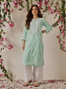 ADA Floral Embroidered Lucknowi Chikankari Pure Cotton Straight Kurta