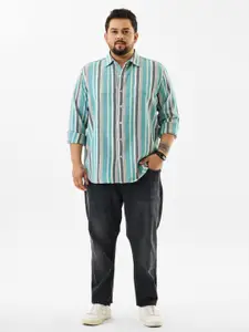 Snitch Men Plus Size Classic Spread Collar Vertical Striped Cotton Casual Shirt