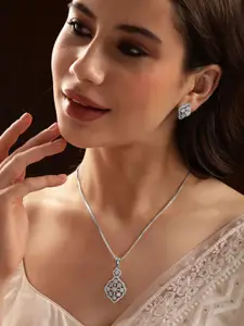 Rubans Rhodium-Plated White Cubic Zirconia Studded Pendant Necklace Set