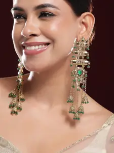 Rubans 18K Mehndi Gold-Plated Emerald Studded Shoulder Duster Jhumka Earrings