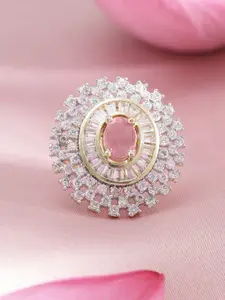 Rubans Rhodium-Plated Pink AD & White Zirconia Studded Adjustable Ring