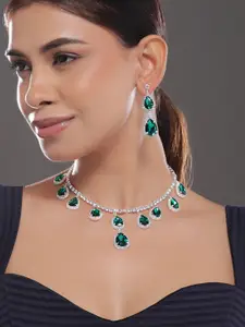 Rubans Rhodium Plated Emerald & Cubic Zirconia Studed Statement Necklace Set