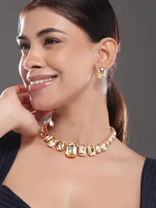Rubans 18K Gold Plated Champagne Golden Crystal Zicronia Studded Statement Necklace Set