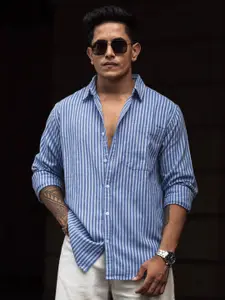 Powerlook Men Spread Collar Vertical Striped Cotton Casual Shirt