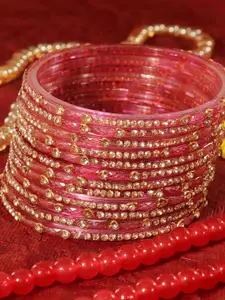 LAVAZZA Set Of 12 Zircon Diamond Stone & Beads Studded Glass Bangles