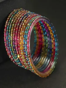 LAVAZZA Set Of 12 Zircon Diamond Stone & Beads Studded Glass Bangles
