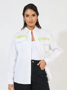 Styli Women Cutaway Collar Typography Printed Cotton Relaxed Fit Casual Shirt