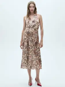 MANGO Ethnic Motifs Print Halter Neck A-Line Midi Dress