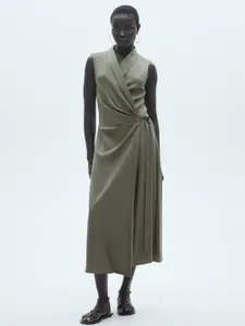 MANGO Shawl Collar Wrap Twisted Midi Dress