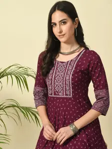 GLOWWORLD Floral Printed Thread Work A-Line Kurta