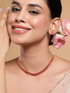 Rubans 18K Gold-Plated Ruby Pink Studded Traditional Necklace Set