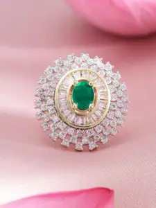 Rubans Rhodium-Plated Emerald Green & White Zirconia Stone Studded Adjustable Ring