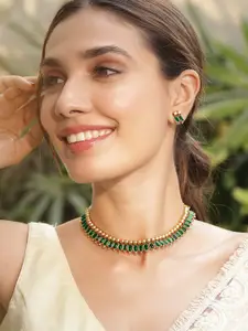 Rubans 22K Gold-Plated Emerald Green Stone Studded Traditional Necklace Set