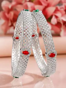 Rubans Set of 2 Rhodium-Plated Ruby Emerald and Cubic Zirconia Studded Premium Bangles
