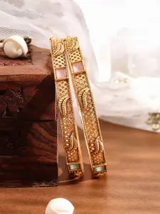 Rubans Set of 2 18K Gold-Plated Pastel Pink & Mint Green Stone Studded Traditional Bangles