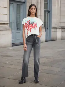 Flying Machine Women Straight Fit High-Rise Light Fade Stretchable Jeans