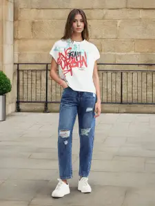 Flying Machine Women High-Rise Highly Distressed Light Fade Straight Fit Jeans