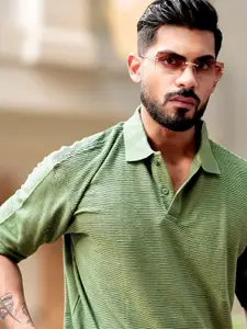 Maniac Men Self Design Polo Collar Oversized T-shirt