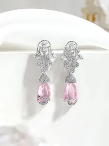 Rubans Rhodium-Plated Pink Crystal & Cubic Zirconia Studded Drop Earrings