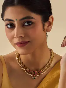 Kushal's Fashion Jewellery Gold-Plated Stone Studded & Beaded Temple Necklace