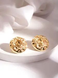 Rubans 18K Gold Plated Textured Round Stud Earrings with Yellow Crystal Stone Detailing