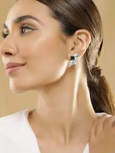 Rubans Silver-Plated Emerald Green & Cubic Zirconia Studded Statement Stud Earrings