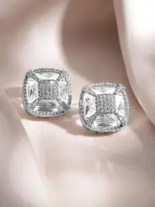 Rubans Rhodium-Plated White Cubic Zirconia Studded Geometric Stud Earrings