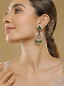 Rubans 18K Gold-Plated Emerald & Zirconia Studded Green Beaded Long Chandbali Earring