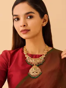 Kushal's Fashion Jewellery Embellished Bridal 92.5 Silver Gold-Plated CZ Temple Necklace