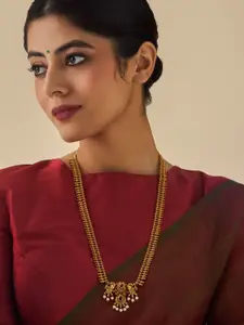 Kushal's Fashion Jewellery Gold-Plated Stone Studded & Beaded Antique Minimal Necklace