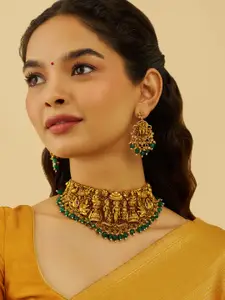 Kushal's Fashion Jewellery Gold-Plated CZ Stone-Studded Antique Necklace and Earrings