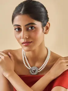 Kushal's Fashion Jewellery Rhodium-Plated Cubic Zirconia Stone Studded & Beaded Necklace