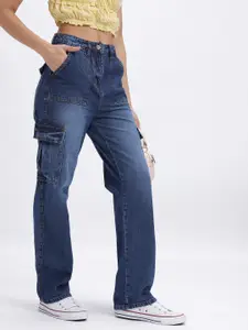 glitchez Women Mid-Rise Pure Cotton Light Fade Cargo-Style Straight Fit Jeans