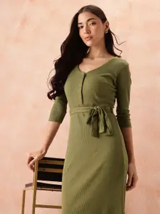 all about you Cotton Ribbed Sheath Midi Dress with Belt