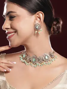 Rubans 22K Gold-Plated Mint Green AD Stone & Cubic Zirconia Studded Beaded Necklace Set