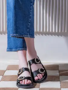 Saint G Women Embellished Leather Open Toe Flats