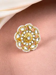 Peora Gold-Plated Kundan Studded & Beaded Adjustable Finger Ring