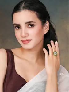 Peora Gold-Plated Stone-Studded & Beaded Adjustable Finger Ring