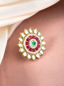 Peora Gold-Plated Kundan Stone Studded & Beaded Adjustable Finger Ring