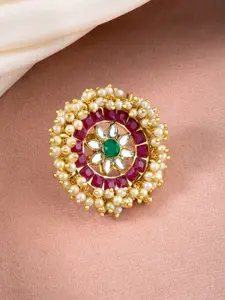 Peora Gold-Plated Kundan Studded & Beaded Adjustable Finger Ring