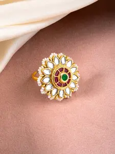 Peora Gold-Plated Kundan Studded & Beaded Adjustable Finger Ring