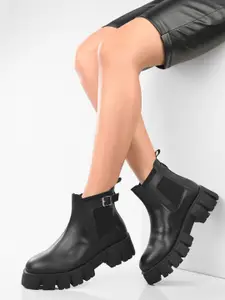 ADORLY Chelsea Black Women Block Mid- Top Boots With Buckel