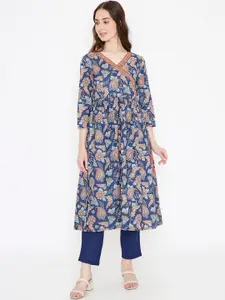 Saffron Threads Paisley Printed Mirror Work Pure Cotton Angrakha Kurta