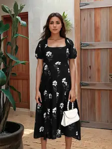 Stylecast X Hersheinbox Floral Printed Square Neck Puff Sleeve A-Line Midi Dress