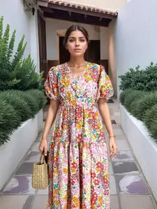 Stylecast X Hersheinbox Floral Printed Puff Sleeve A-Line Midi Dress